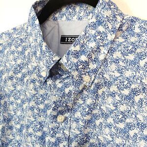 IZOD Blue Coral Print Short Sleeve Button Up Men's Small Cotton Blend Shirt